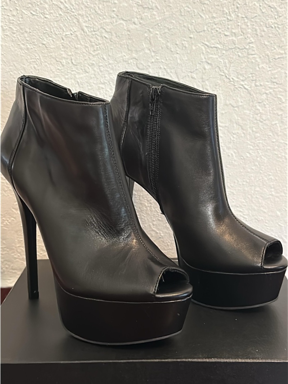 Gianni Bini Black Leather Peep-Toe Platform Ankle Boots